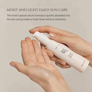 Beauty of Joseon's Ginseng Moist Sun Serum SPF 50+ PA++++ offers moist and light daily sun care. The moist capsule serum formula is quickly absorbed into the skin and provides a fresh finish without stickiness.