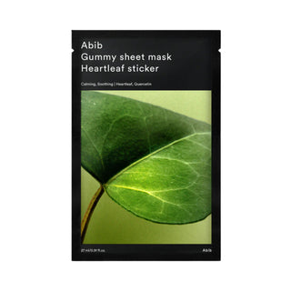 Abib's Gummy Sheet Mask Heartleaf Sticker in a pouch, featuring calming heartleaf extract and quercetin to soothe and manage acne-prone skin.