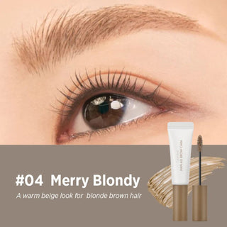 Close-up of a model’s eye and eyebrow with rom&nd's Han All Brow Cara Brow Gel in Merry Blondy applied. The gel provides a warm beige look, ideal for blonde or brown hair. The image also includes a swatch of the product and the actual product.