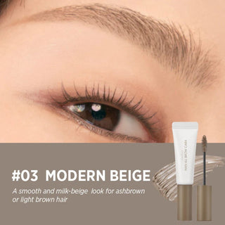 Close-up of a model’s eye and eyebrow with rom&nd's Han All Brow Cara Brow Gel in Modern Beige applied. The gel provides a smooth milk-beige look, ideal for ash brown or light brown hair. The image also includes a swatch of the product and the actual product.