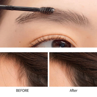 A collage of three images featuring rom&nd's Han All Brow Fixer. The top photo shows the product  being applied to eyebrows. The bottom section includes two images: one showing a hairline before use, and the other showing a neatly tamed hairline after using the product.