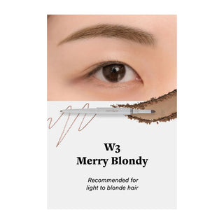 rom&nd's Han All Sharp Brow Dual Sided Pencil in Merry Blondy, shown on a model’s eyebrow. The pencil is recommended for light to blonde hair. Includes a swatch of the product for color reference.