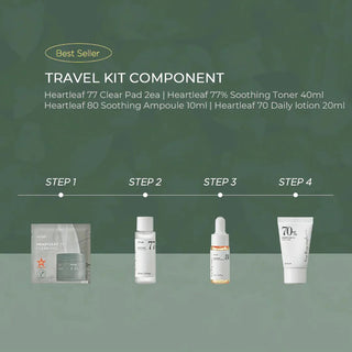 Anua's Heartleaf Soothing Trial Kit starts with Step 1: Heartleaf 77 Clear Pad to cleanse and refine pores. Step 2 is the Heartleaf 77% Soothing Toner (40ml) to hydrate and calm sensitive skin. In Step 3, apply the Heartleaf 80% Soothing Ampoule (10ml) for concentrated hydration and soothing relief. Finish with Step 4: Heartleaf 70 Daily Relief Lotion (20ml) to lock in moisture and maintain a balanced complexion.