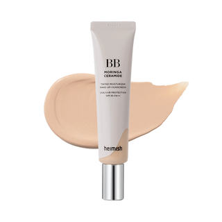 heimish's Moringa Ceramide BB Cream SPF 30 PA++ in color 21 Light Beige is a tinted moisturizer that combines makeup and sunscreen with UVA/UVB protection. The product is shown in an airless dropper tube with a silver cap, alongside a swatch.