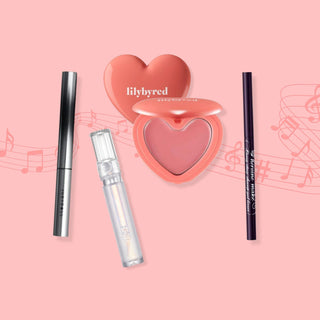 The Idol Vibes Only Set includes KISSME Heroine Make Long Stay Sharp Gel Liner in 02 Dark Brown, JUDYDOLL 3d Curling Eyelash Iron Mascara - Curly, lilbyred Luv Beam Cheek in 03 Mood Rose, and rom&nd Glasting Water Gloss.