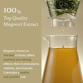 I'm from's Mugwort Essence contains 100% mugwort extract, known as 'tea tree' in Korea. It offers soothing and calming effects while being rich in antioxidants, vitamins, and minerals for a healthy and youthful look.