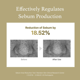 I'm from's Mugwort Essence effectively regulates sebum production. The photo shows before and after results, highlighting an 18.52% sebum reduction. This sebum reduction area test was conducted by Maridem Skin Clinical Research Center.