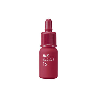 peripera's Ink The Velvet Lip Tint in color 16 Heart Fuchsia Pink, shown in a dropper bottle design, though the dropper is not functional.