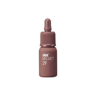 peripera's Ink The Velvet Lip Tint in color 29 Cocoa Nude, shown in a dropper bottle design, though the dropper is not functional.