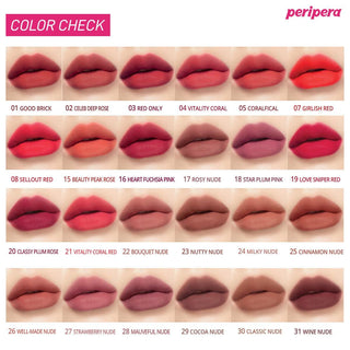 Color chart showing close-ups of model's lips with peri pera's Ink The Velvet Lip Tint in all 31 colors.
