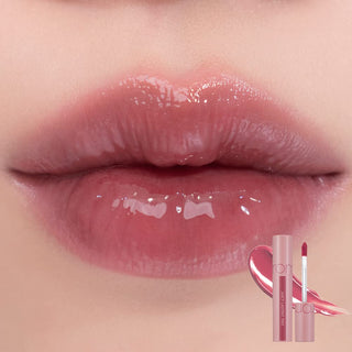 Close-up of rom&nd's Juicy Lasting Tint in color 25 Bare Grape applied to the model's lips.