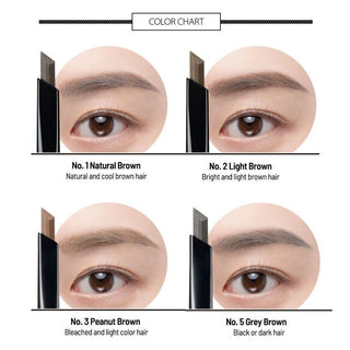 Color chart for CLIO's Kill Brow Auto Hard Brow Pencil. Includes 01 Natural Brown for natural and cool brown hair, 02 Light Brown for bright and light brown hair, 03 Peanut Brown for bleached and light color hair, and 05 Gray Brown for black or dark hair. Each color is accompanied by a close-up of the model’s eyebrows and the pencil tip.