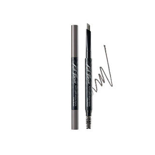 CLIO's Kill Brow Auto Hard Brow Pencil in color 05 Gray Brown. The image shows the actual product next to the pencil with both caps off, revealing the twist-up pencil and spoolie brush, along with a swatch of the product.