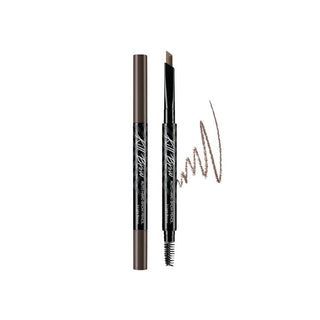 CLIO's Kill Brow Auto Hard Brow Pencil in color 02 Light Brown. The image shows the actual product next to the pencil with both caps off, revealing the twist-up pencil and spoolie brush, along with a swatch of the product.
