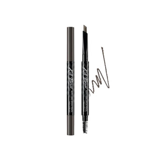 CLIO's Kill Brow Auto Hard Brow Pencil in color 01 Natural Brown. The image shows the actual product next to the pencil with both caps off, revealing the twist-up pencil and spoolie brush, along with a swatch of the product.