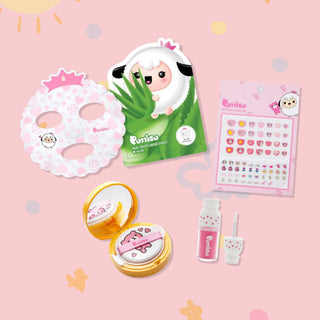 Little Glam Squad Bundle by PlayLab Beauty curated by Vanessa and Jeanha includes Puttisu's Real Fruits Facial Mask Sheet - Aloe, Puttisu's Colorful Juicy Lip Gloss, Puttisu Sun Cushion, and Petit Nail Art Sticker Sets.