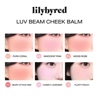 Collage of close-up photos of a model's cheeks with lilybyred's Luv Beam Cheek Balm. The six colors are arranged from left to right, top to bottom: 01 Pure Coral, 02 Innocent Pink, 03 Mood Rose, 04 Heart Attack Red, 05 Cheeky Lavender, and 06 Fluffy Peach.