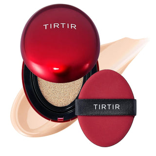 TIRTIR's Mask Fit Red Cushion Foundation in 17C Porcelain, featuring a deep red oval cushion compact, with a swatch and included puff.