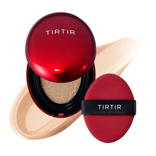 TIRTIR's Mask Fit Red Cushion Foundation in 21N Ivory, featuring a deep red oval cushion compact, with a swatch and included puff.