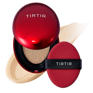 TIRTIR's Mask Fit Red Cushion Foundation in 21W Natural Ivory, featuring a deep red oval cushion compact, with a swatch and included puff.