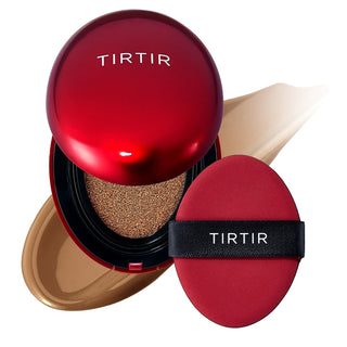 TIRTIR's Mask Fit Red Cushion Foundation in 43N Deep Cocoa, featuring a deep red oval cushion compact, with a swatch and included puff.