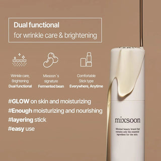 mixsoon's Bean Stick Balm is dual-functional for wrinkle care and brightening. It features mixsoon's signature fermented bean ingredient and comes in a comfortable and convenient stick form, making it easy to use everywhere, anywhere, and at any time.