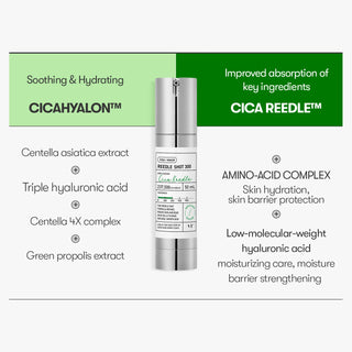 VT's Reedle Shot 300 is a soothing and hydrating formula powered by Cicahyalon™. It contains Centella Asiatica extract, triple hyaluronic acid, Centella 4x complex, and green propolis extract. The formula features Cica Reedle™ for improved absorption of key ingredients and an amino-acid complex for skin hydration and barrier protection. Low-molecular-weight hyaluronic acid delivers moisturizing care and strengthens the moisture barrier.