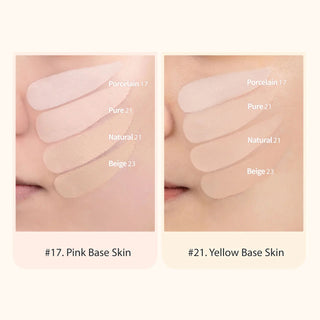 Close-up of two models' cheeks showing swatches of rom&nd's Bare Water Cushion Foundation SPF 38 PA++++ in shades 17C Porcelain, 21 Pure, 21 Natural, and 23 Beige. One model has a pink-based skin tone and the other has a yellow-based skin tone, with swatches applied to illustrate how the foundation shades appear on different undertones.