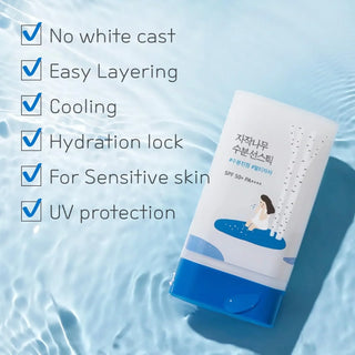 ROUND LAB's Birch Juice Moisturizing Sun Stick SPF 50+ PA++++ provides UV protection without a white cast. It is easy to layer, has a cooling effect, locks in hydration, and is suitable for sensitive skin.