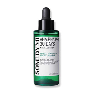 SOMEBYMI's AHA BHA PHA 30 Days Miracle Serum in a 50 ml bottle. The serum contains 14.5% Centella Asiatica and 10,000 ppm tea tree. It’s clinically tested, non-comedogenic, and dermatologist-approved.