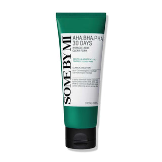 SOMEBYMI's AHA BHA PHA 30 Days Miracle Acne Clear Foam Cleanser in a 100 ml tube has a dermatologist-tested formula with AHA, BHA, and PHA to remove dead skin cells and 10,000 ppm of tea tree and 15% Centella Asiatica to soothe acne-prone skin.