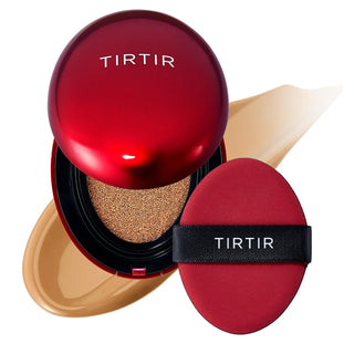 TIRTIR's Mask Fit Red Cushion Foundation in 31N French Beige, featuring a deep red oval cushion compact, with a swatch and included puff.