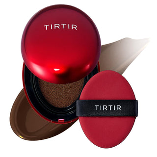TIRTIR's Mask Fit Red Cushion Foundation in 51N Fudge, featuring a deep red oval cushion compact, with a swatch and included puff.