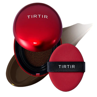 TIRTIR's Mask Fit Red Cushion Foundation in 55N Espresso, featuring a deep red oval cushion compact, with a swatch and included puff.