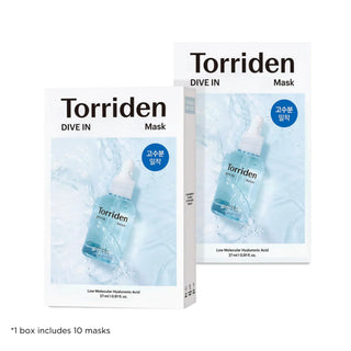 A box of Torriden's Dive-In Low Molecule Hyaluronic Acid Sheet Masks contains 10 masks for a complete hydrating experience.