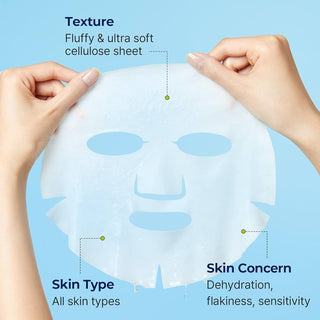 Torriden's Dive-In Low Molecule Hyaluronic Acid Sheet Mask features a fluffy and ultra-soft cellulose sheet. It's designed to address skin concerns such as dehydration, flakiness, and sensitivity, making it suitable for all skin types.
