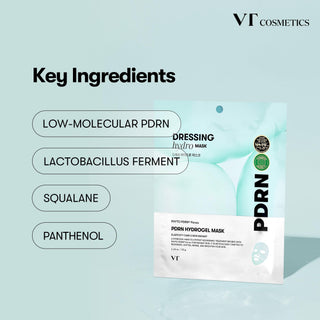 VT's PDRN Hydrogel Mask includes key ingredients such as low-molecular PDRN, Lactobacillus ferment, Squalane, and Panthenol, known for their hydrating and skin-repairing benefits.