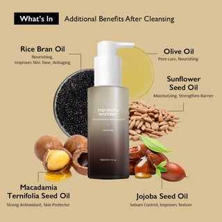 haruharu wonder's Wonder Black Rice Moisture Deep Cleansing Oil has ingredients that offer a range of benefits. Rice bran oil nourishes the skin, improves skin tone, and provides anti-aging effects. Olive oil assists with pore care and nourishment. Sunflower seed oil moisturizes and strengthens the skin barrier. Jojoba seed oil controls sebum and improves skin texture. Macadamia ternifolia seed oil serves as a strong antioxidant and skin protector.